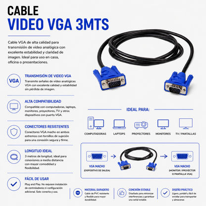 CABLE DE VIDEO VGA 3 Metros