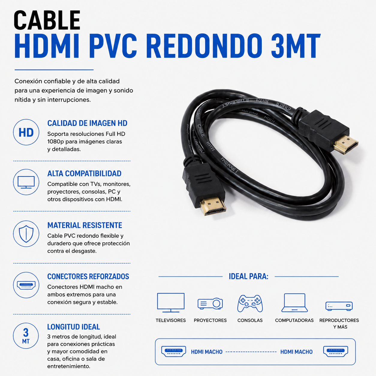 CABLE HDMI PVC REDONDO 3MTS