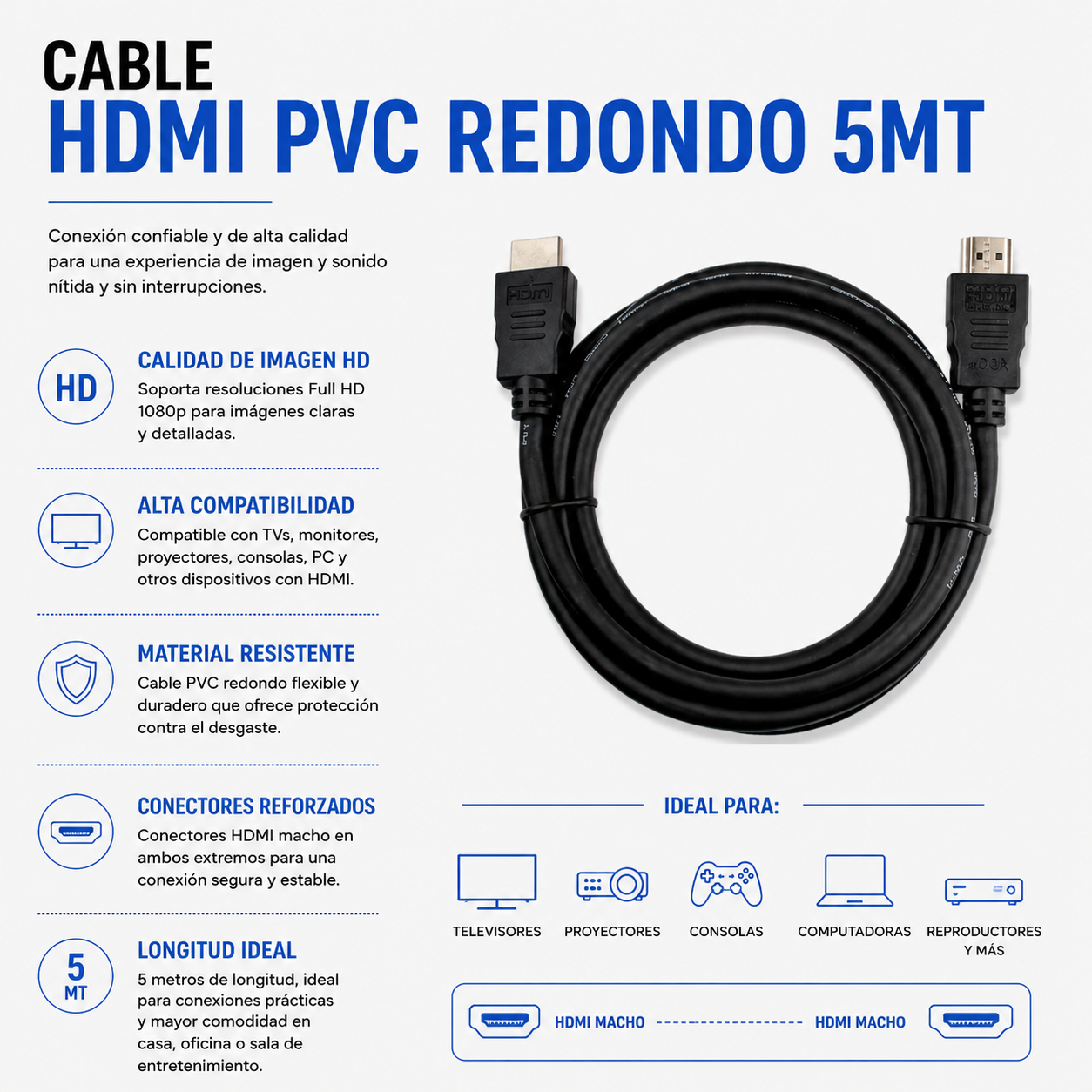 CABLE HDMI PVC REDONDO 5 METROS