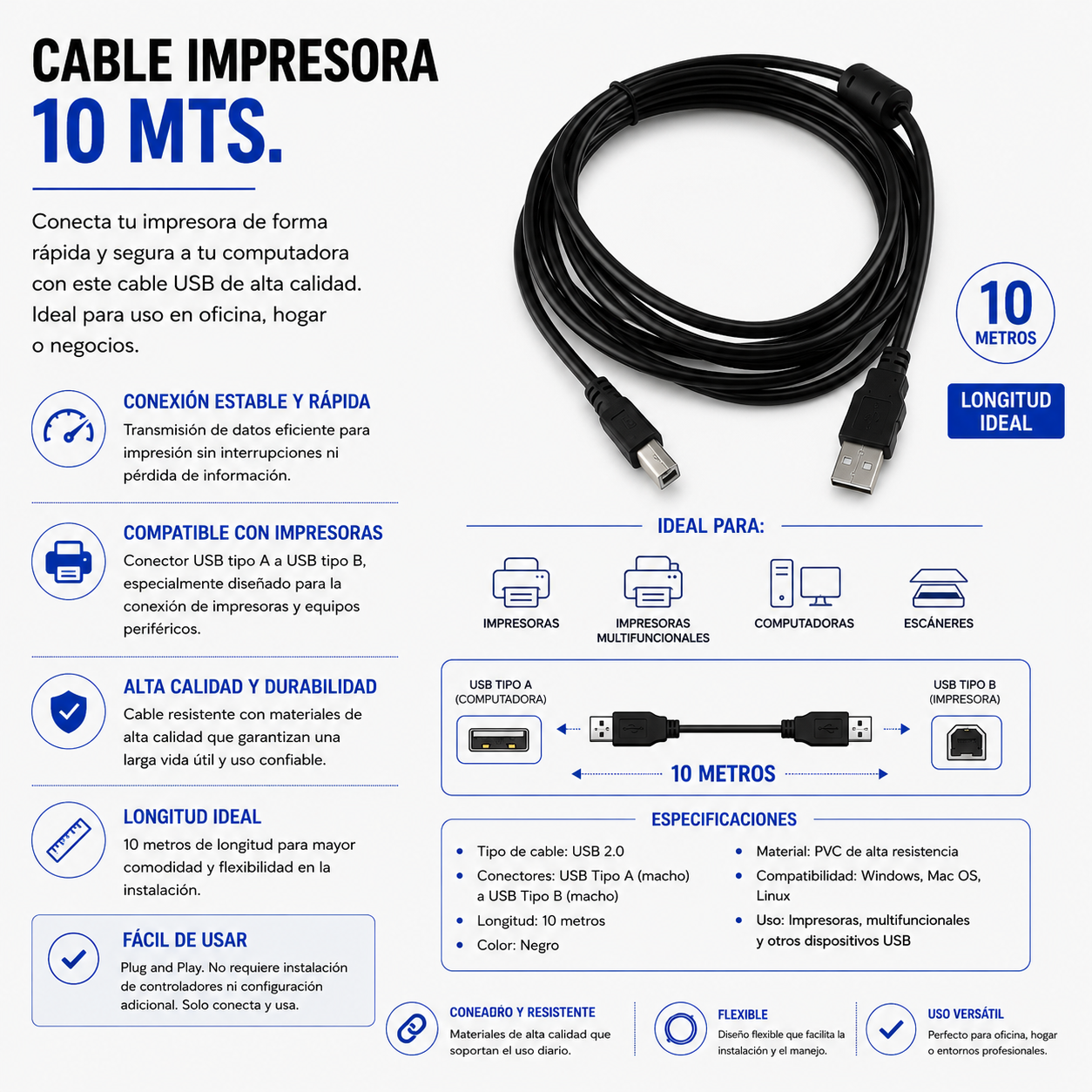 CABLE USB PARA IMPRESORA 10 Metros