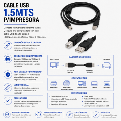 CABLE USB PARA IMPRESORA 1.5 Metros