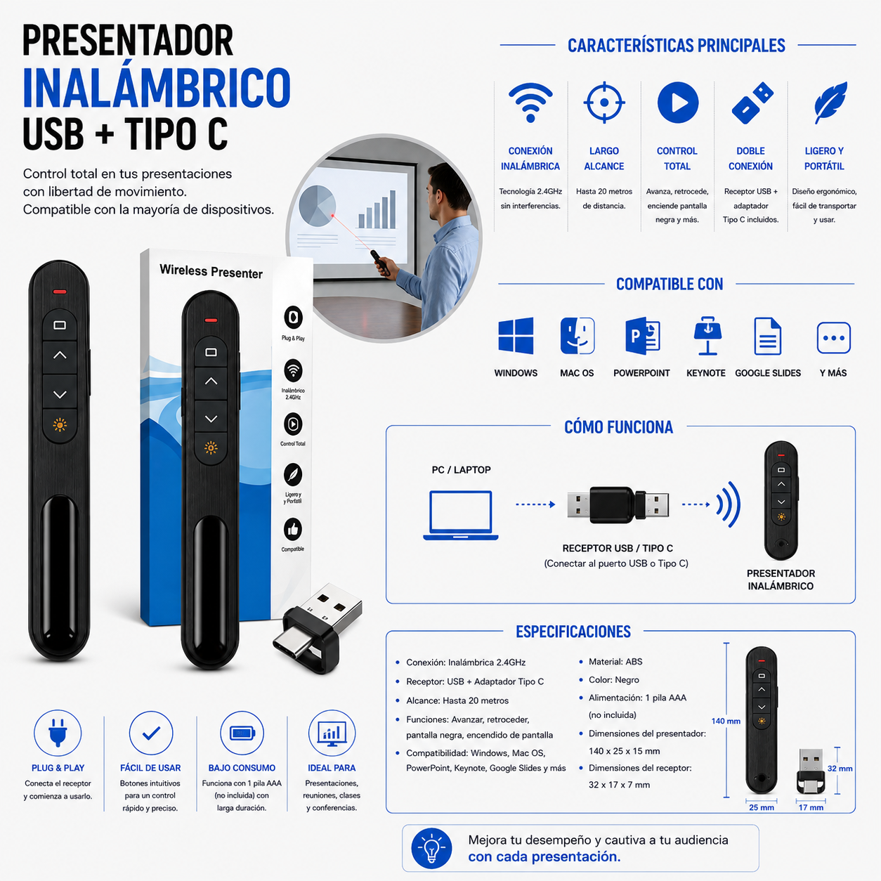PRESENTADOR INALÁMBRICO USB + TIPO C PARA PRESENTACIONES
