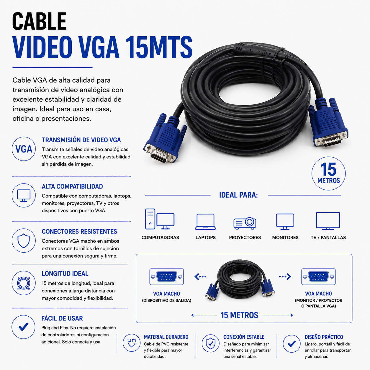 CABLE DE VIDEO VGA 15 Metros