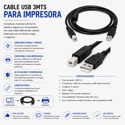 Cable USB para Impresora 3 Metros