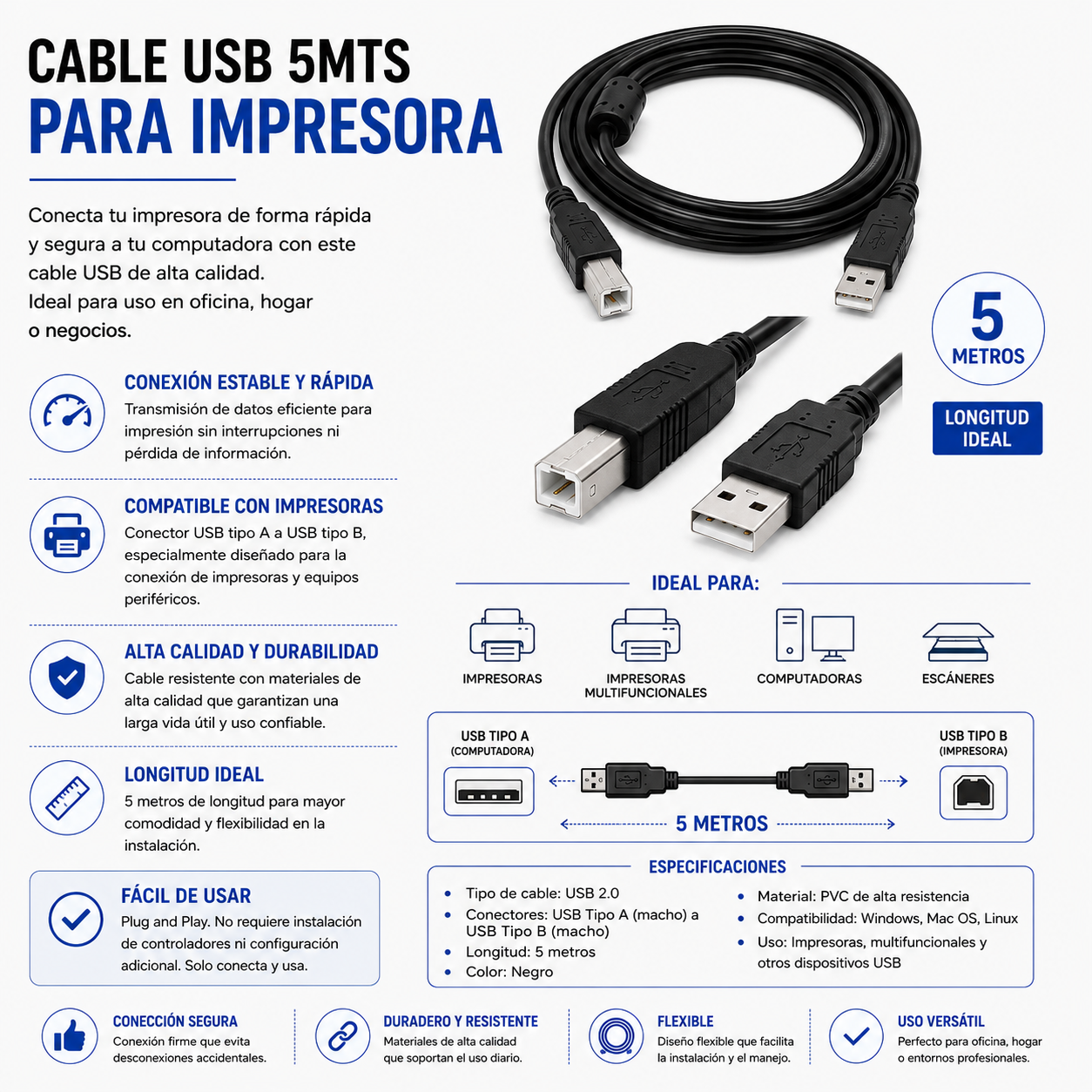 CABLE USB PARA IMPRESORA 5 Metros