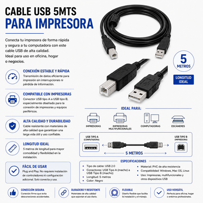 CABLE USB PARA IMPRESORA 5 Metros