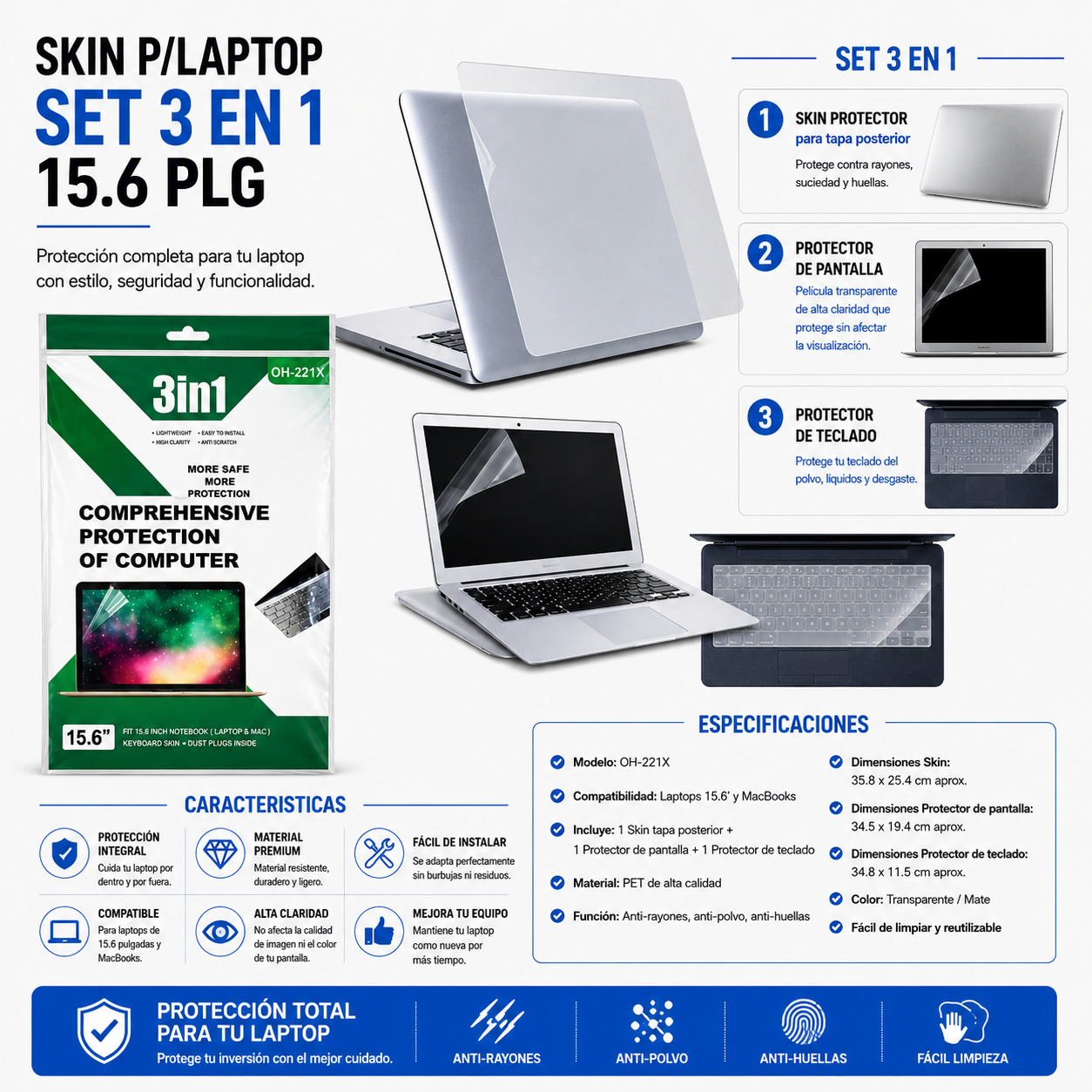 SKIN PROTECTOR PARA LAPTOP 3 en 1 – 15.6 Pulgadas
