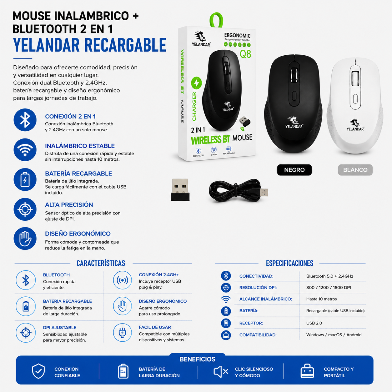 MOUSE INALÁMBRICO + BLUETOOTH 2 en 1 RECARGABLE YELANDAR Q8