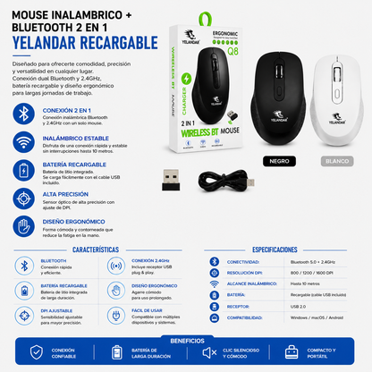 MOUSE INALÁMBRICO + BLUETOOTH 2 en 1 RECARGABLE YELANDAR Q8