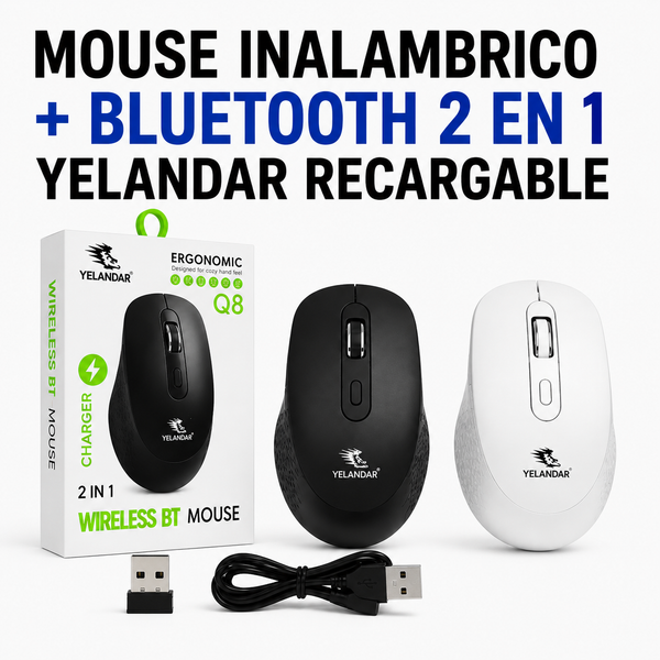 MOUSE INALÁMBRICO + BLUETOOTH 2 en 1 RECARGABLE YELANDAR Q8