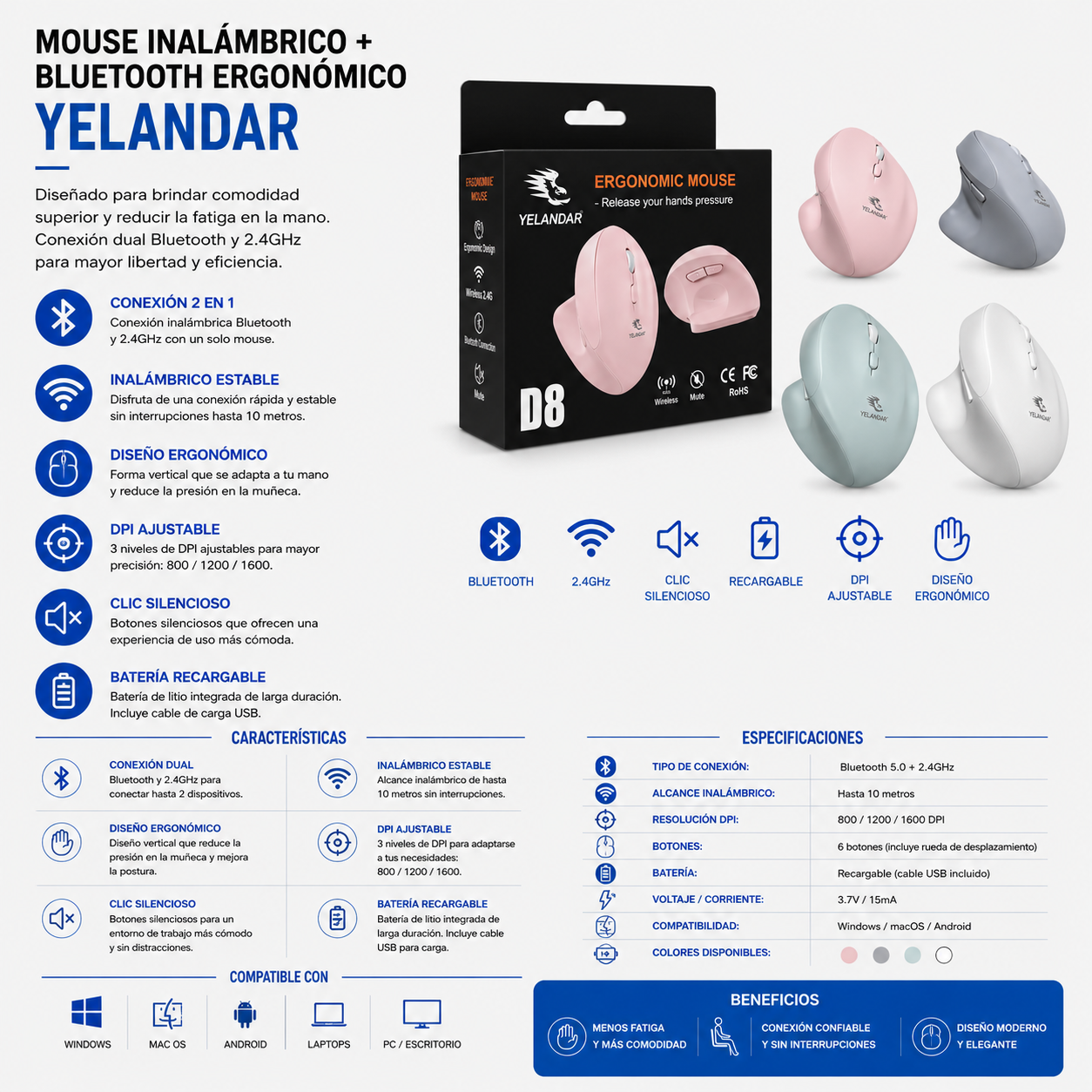 MOUSE INALÁMBRICO + BLUETOOTH ERGONÓMICO YELANDAR D8