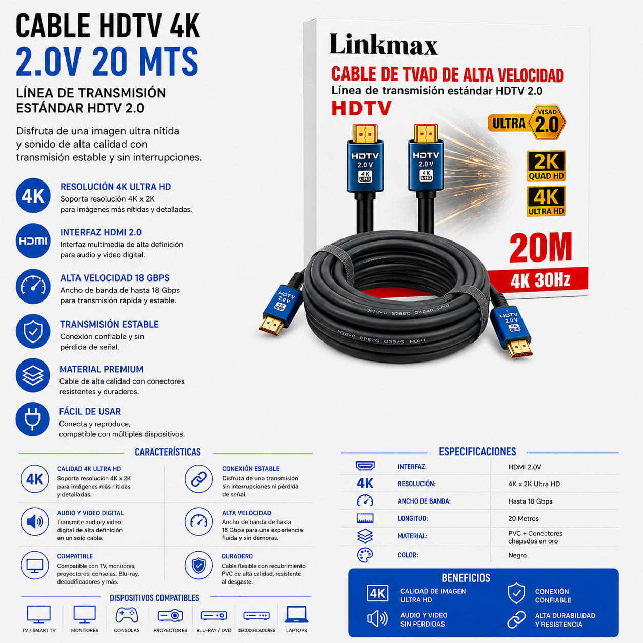 CABLE HDTV 4K HDMI 2.0V – 20 Metros