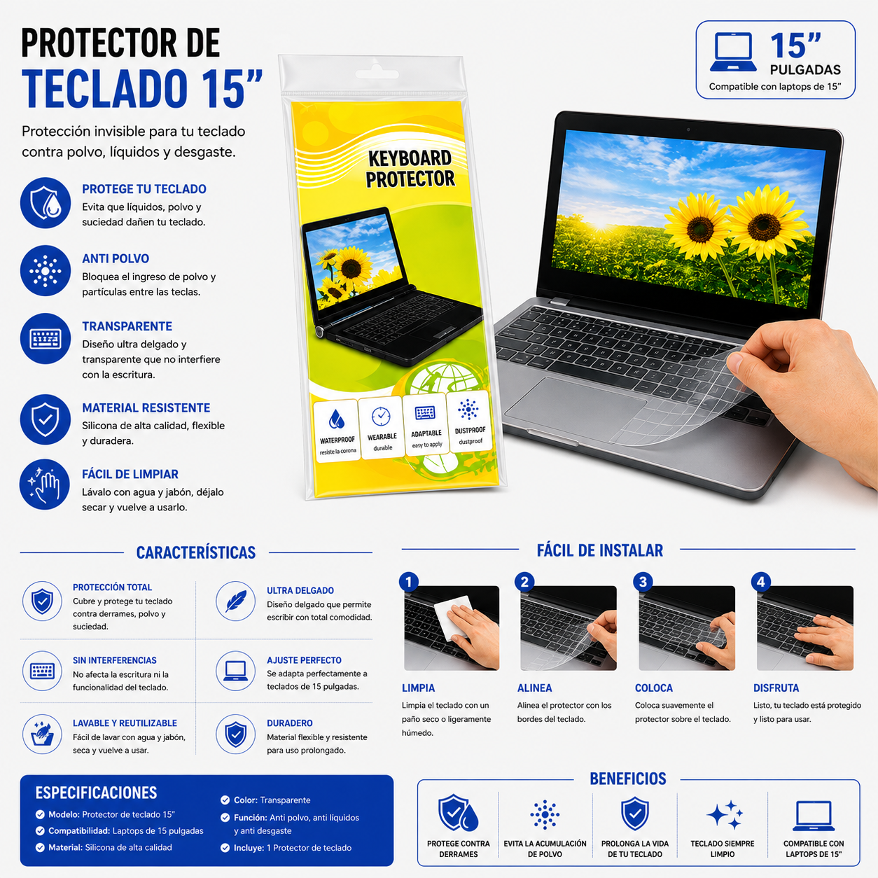 PROTECTOR DE TECLADOS PARA LAPTOPS 15 Pulgadas