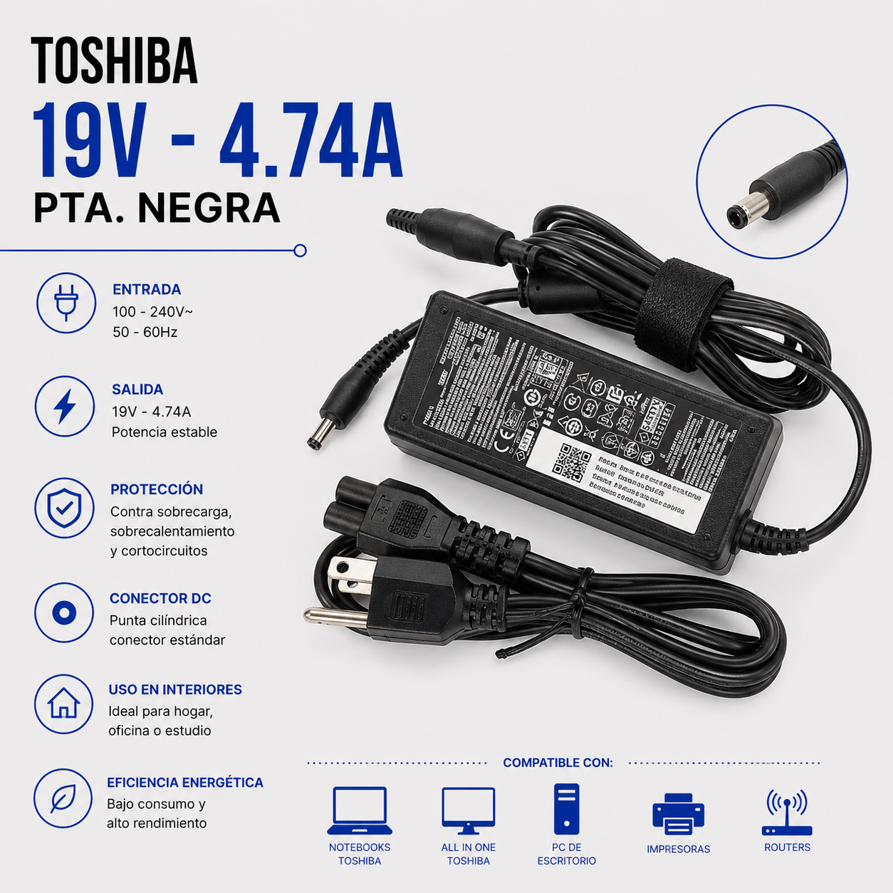 Cargador para Laptop Toshiba 19V 4.74A – Punta Negra