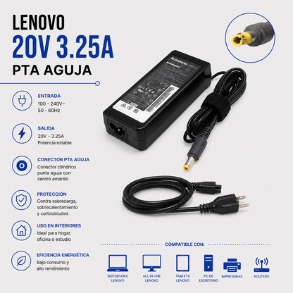 Cargador para Laptop Lenovo 20V 3.25A – Punta Aguja
