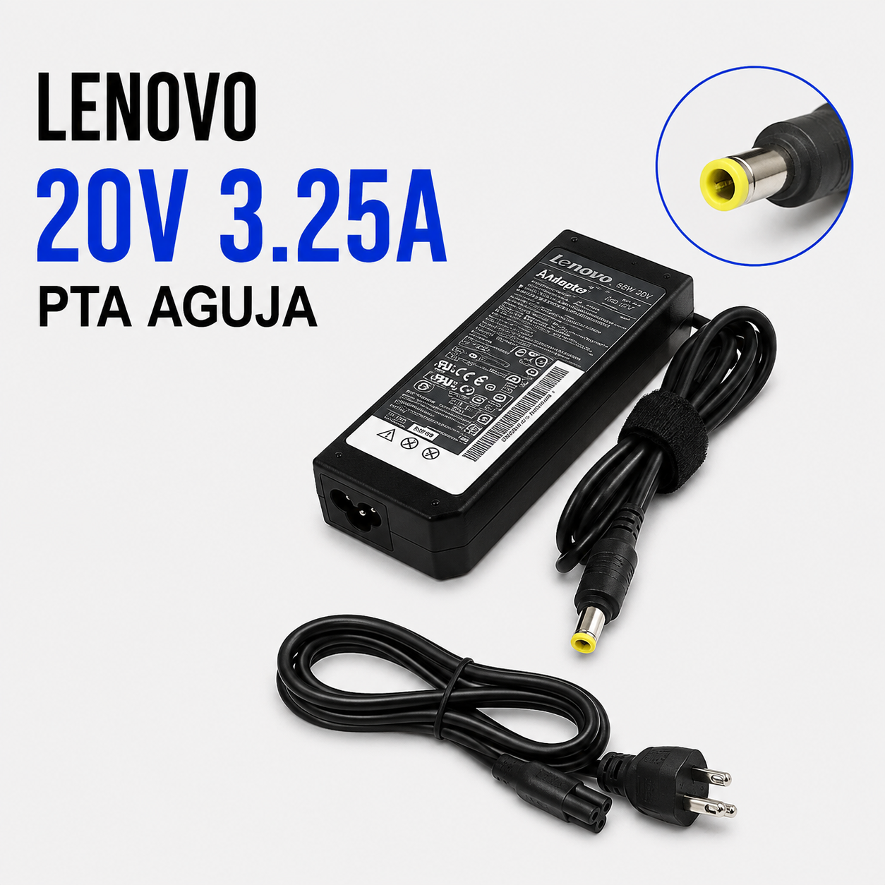 Cargador para Laptop Lenovo 20V 3.25A – Punta Aguja