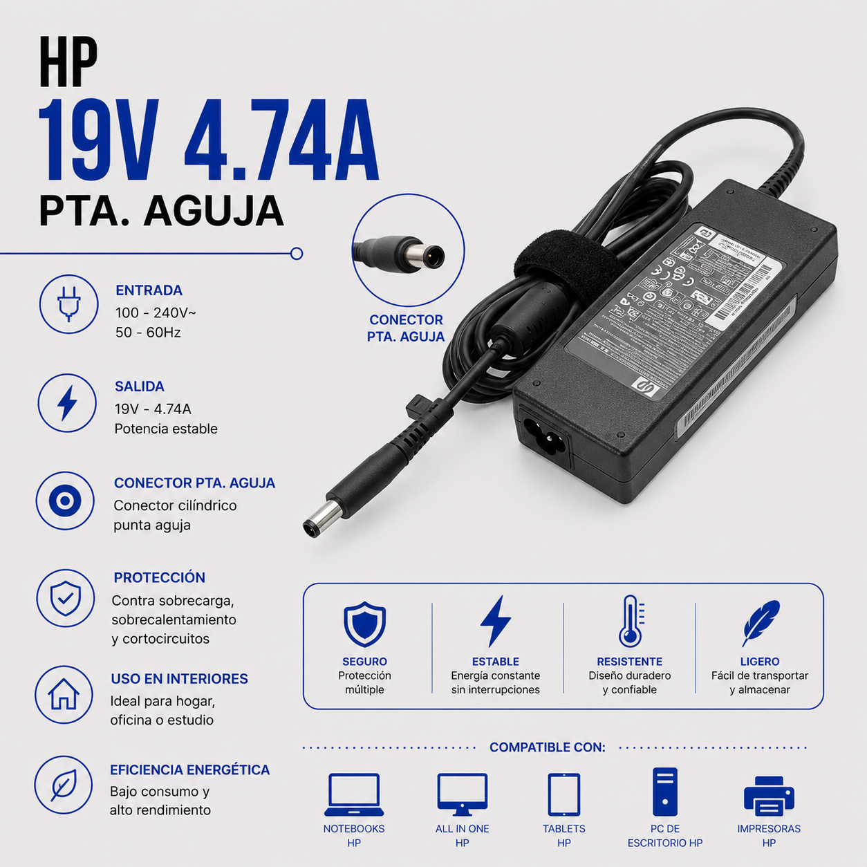 Cargador para Laptop HP 19V 4.74A – Punta Aguja