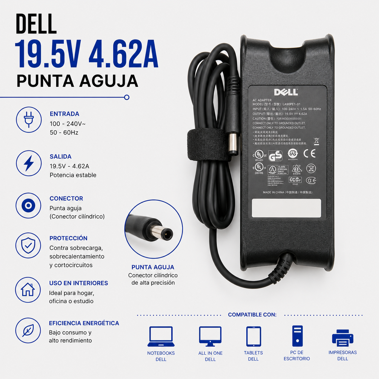 Cargador para Laptop Dell 19.5V 4.62A – Punta Aguja