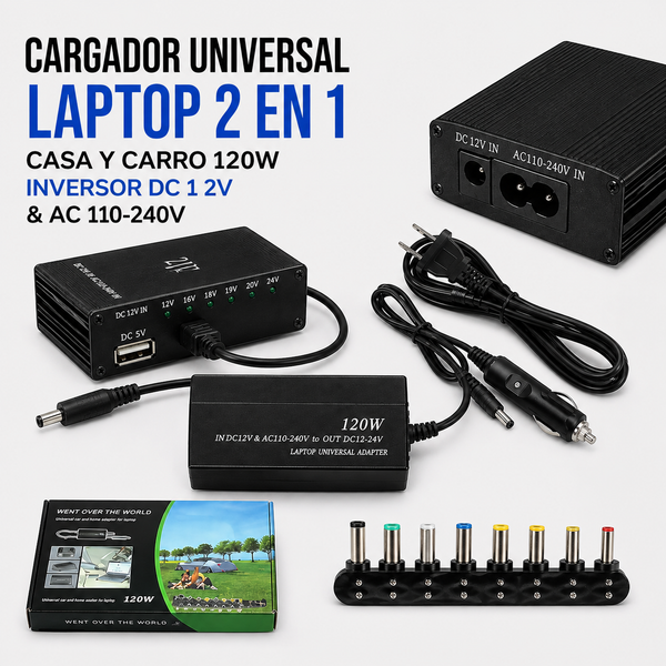 Cargador Universal para Laptop 2 en 1 Casa y Auto 120W – DC 12V &amp; AC 110–240V