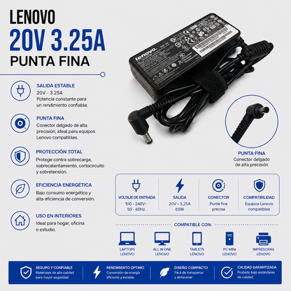 Cargador para Laptop Lenovo 20V 3.25A – Punta Fina
