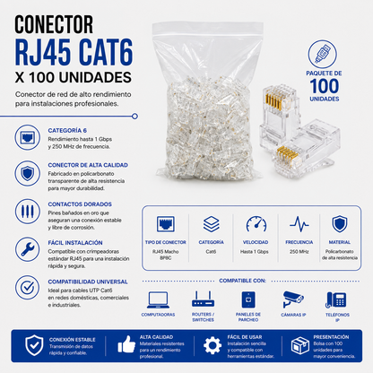 Conector RJ45 CAT6 – Bolsa x 100 Unidades