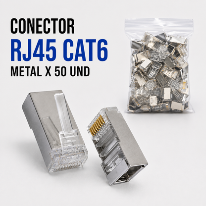 Conector RJ45 CAT6 Metálico – Bolsa x 50 Unidades