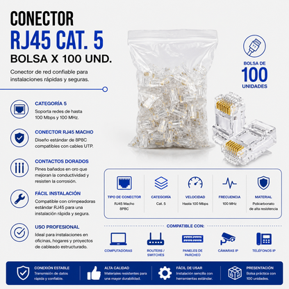Conector RJ45 CAT5 – Bolsa x 100 Unidades