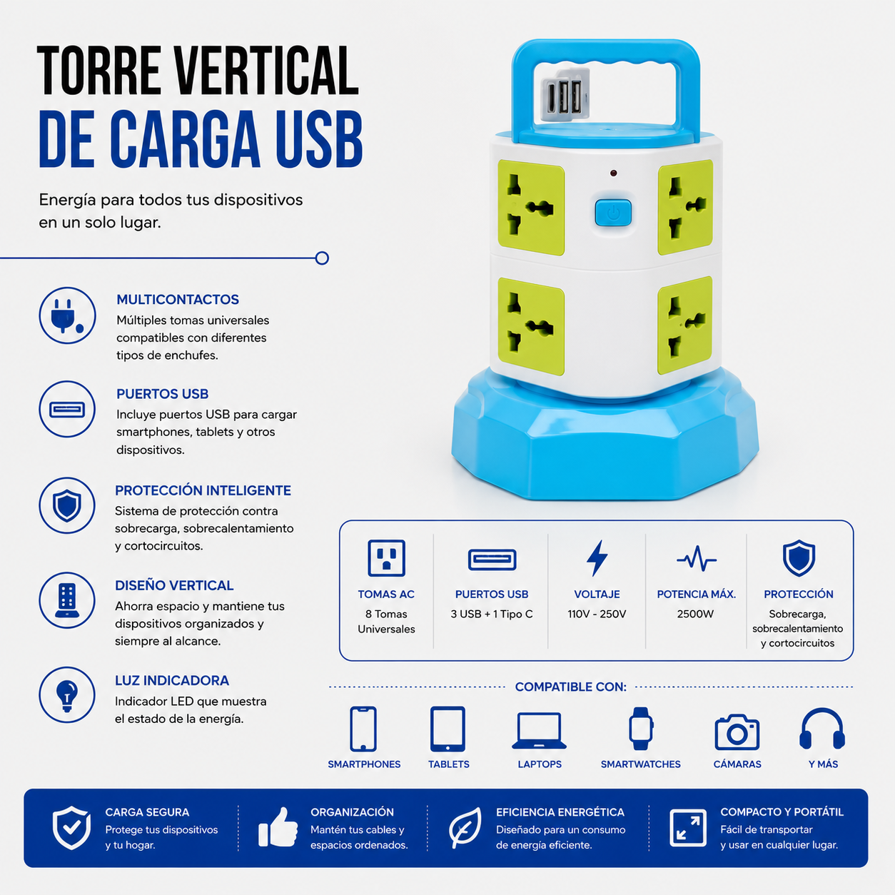 Torre Vertical de Carga USB con Tomas Universales