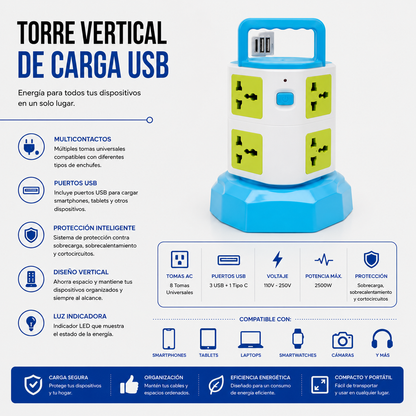 Torre Vertical de Carga USB con Tomas Universales