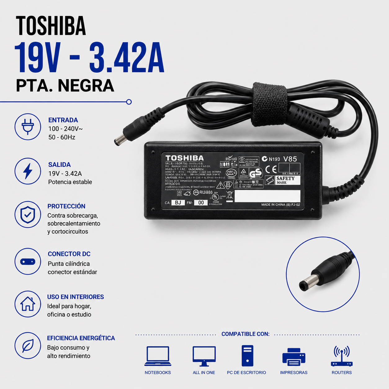 Cargador para Laptop Toshiba 19V 3.42A – Punta Negra
