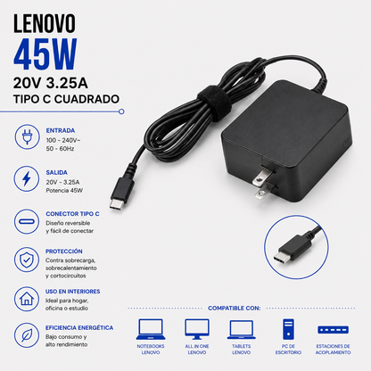 Cargador para Laptop Lenovo 45W 20V 3.25A USB Tipo-C
