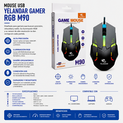 Mouse USB Gamer RGB Yelandar M90