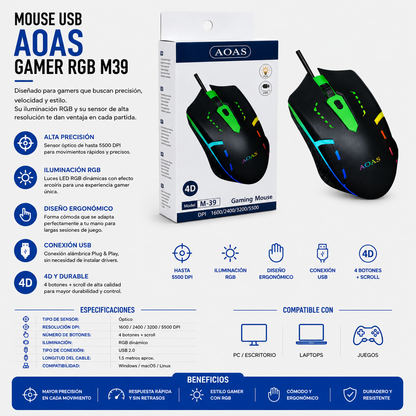 Mouse USB Gamer RGB AOAS M39