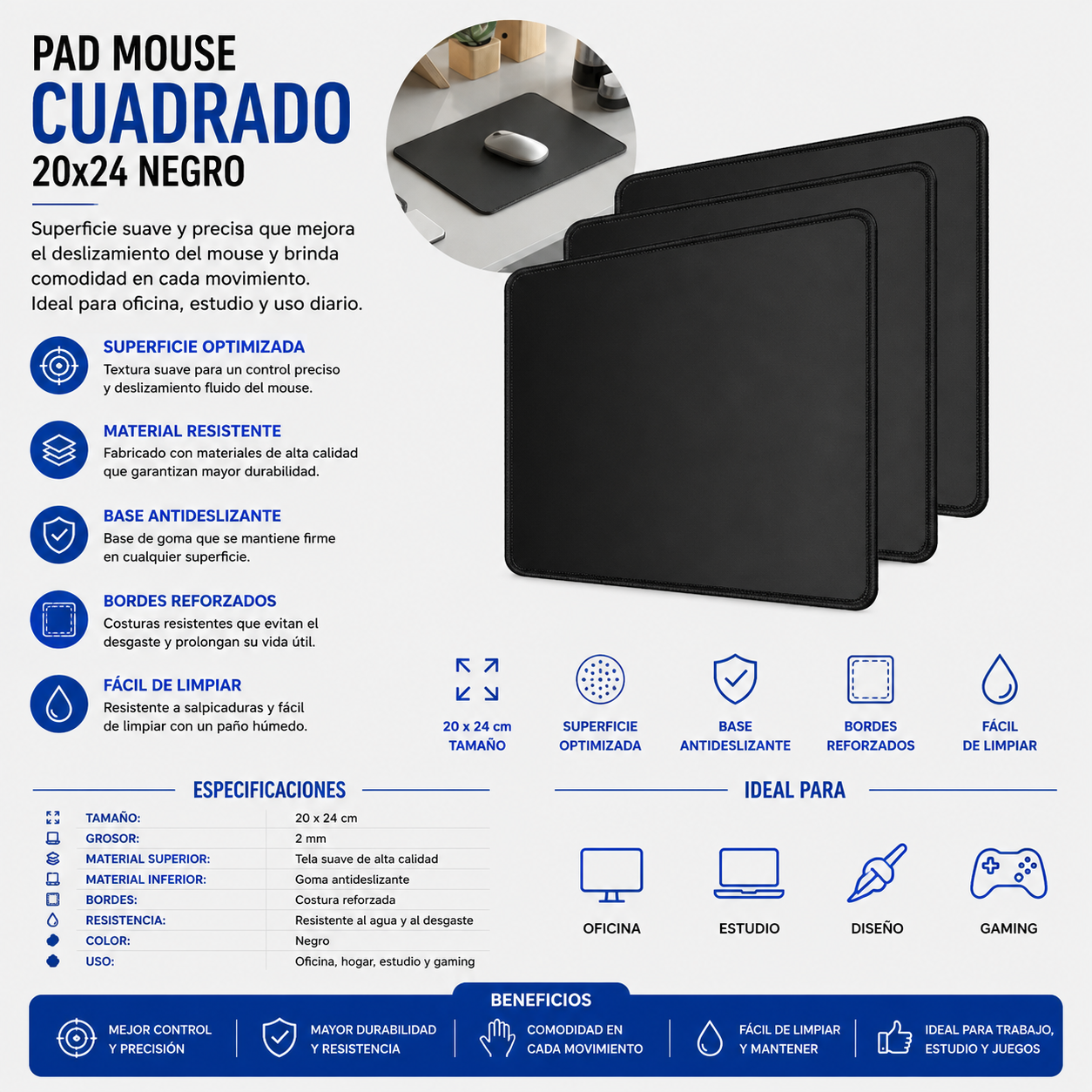 Pad Mouse Cuadrado 20 × 24 cm – Negro