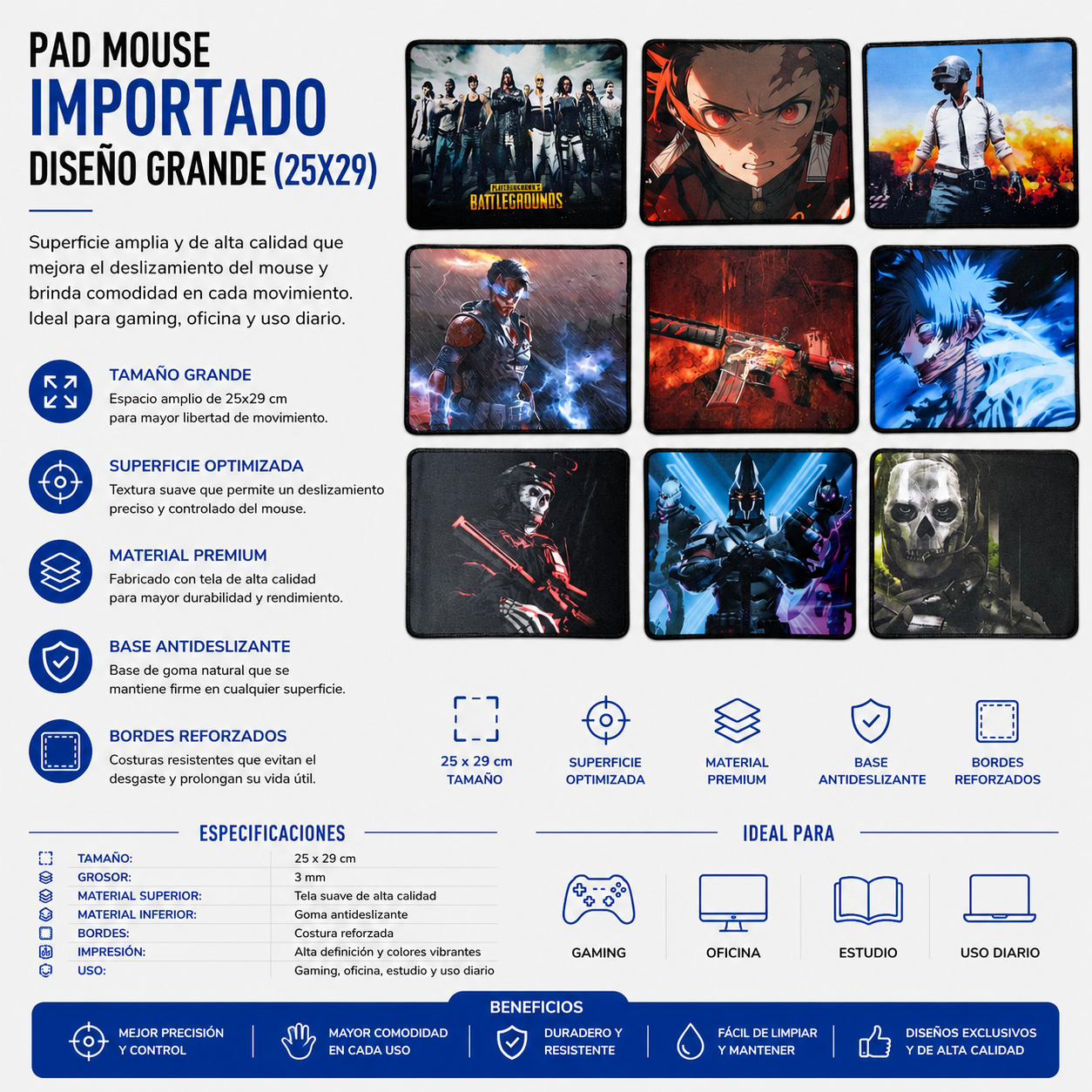 Pad Mouse Importado Diseño Grande 25 × 29 cm