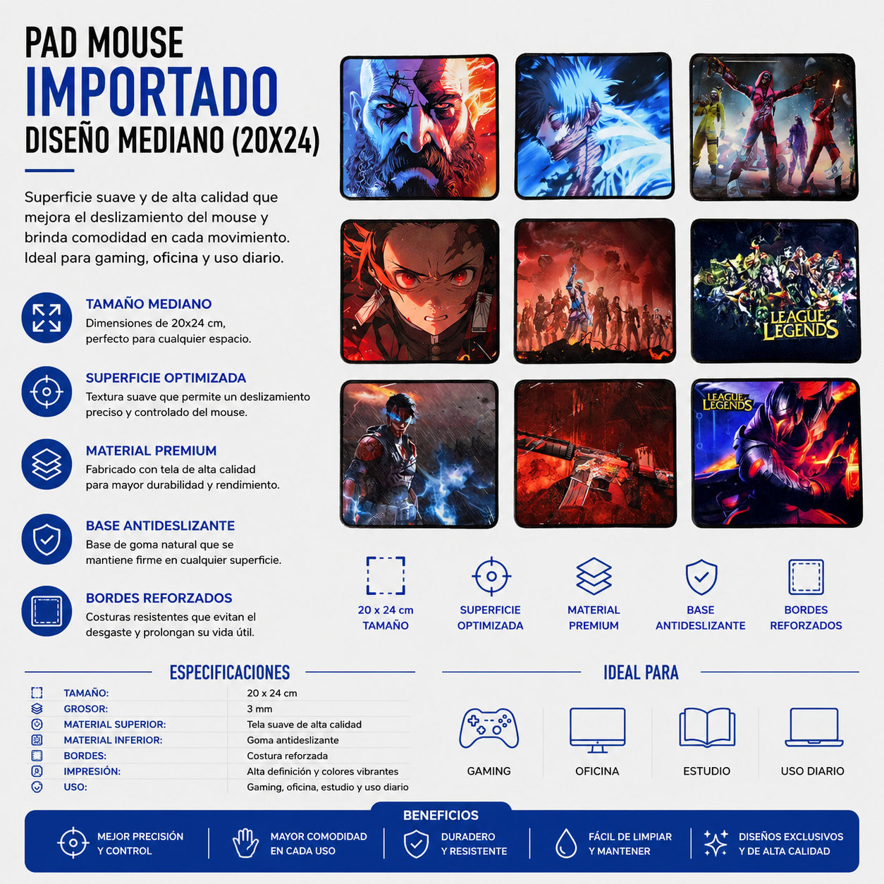 Pad Mouse Importado Diseño Mediano 20 × 24 cm