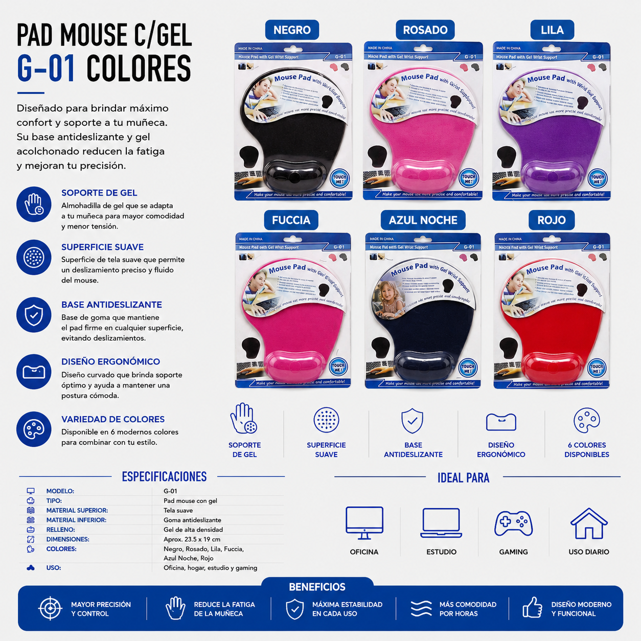 Pad Mouse con Gel Ergonómico G-01 – Colores Surtidos