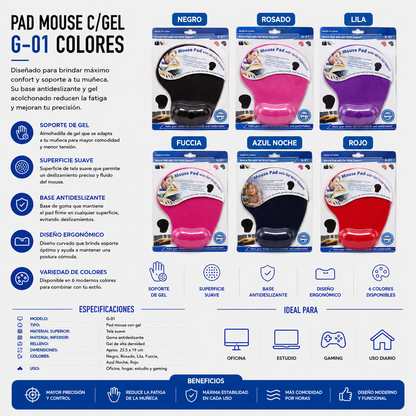 Pad Mouse con Gel Ergonómico G-01 – Colores Surtidos