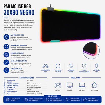 Pad Mouse RGB Gamer 30 × 80 cm – Negro