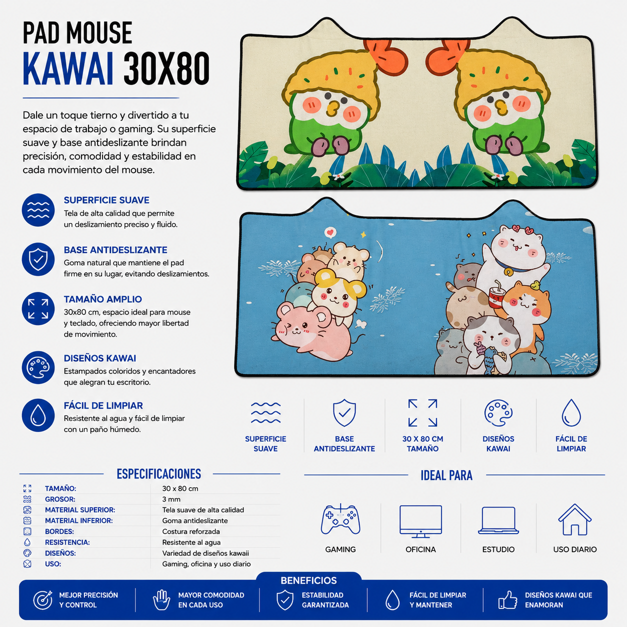 Pad Mouse Kawaii XL 30 × 80 cm – Diseños Variados