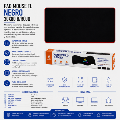 Pad Mouse TL Gamer Negro 30 × 80 cm – Borde Rojo
