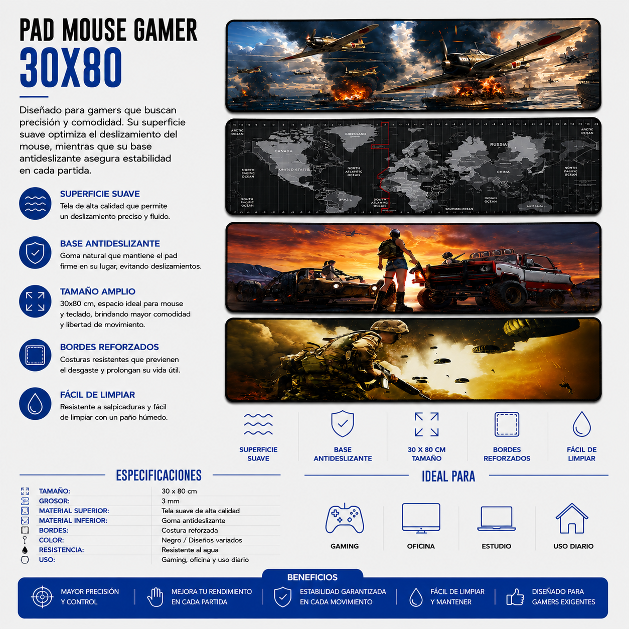 Pad Mouse Gamer XL 30 × 80 cm – Diseños Variados