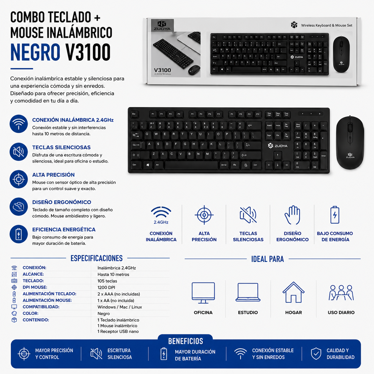 Combo Teclado + Mouse Inalámbrico Yelandar W3100 – Negro