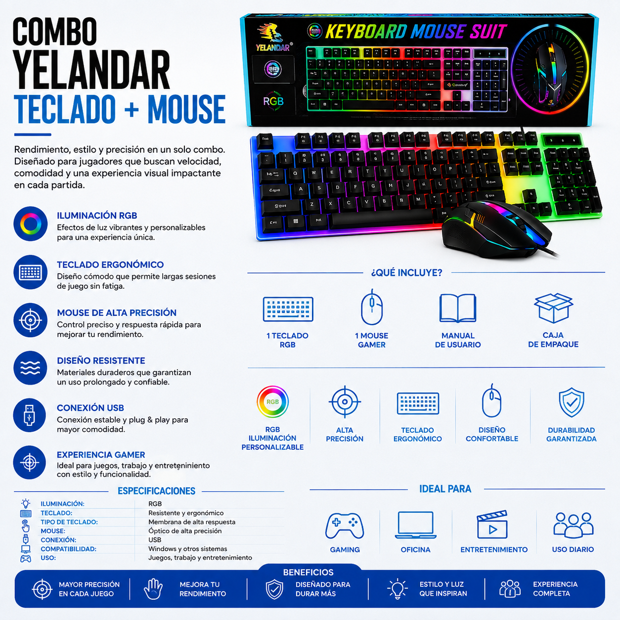 Combo Gamer RGB Yelandar JX-KT288 – Teclado + Mouse USB