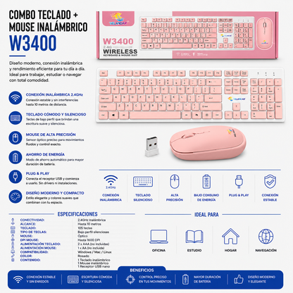 Combo Teclado + Mouse Inalámbrico Yelandar W3400 – Rosado