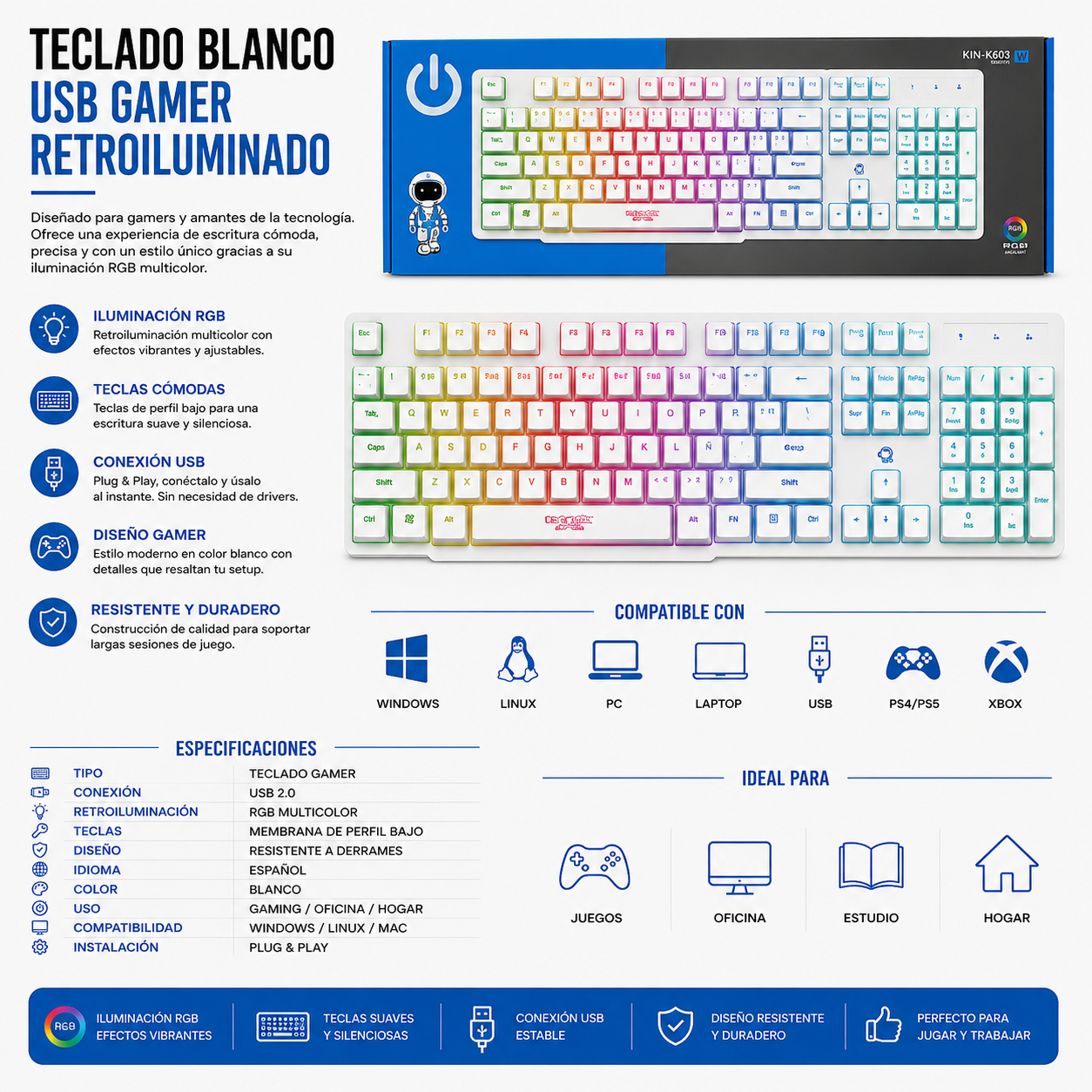 Teclado USB Gamer ENK603W – Blanco RGB