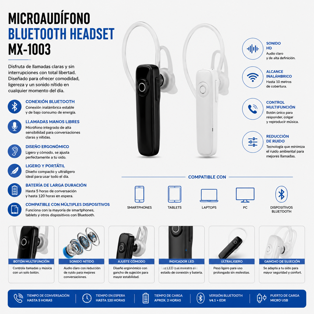 Microaudífono Bluetooth Headset MX-1003