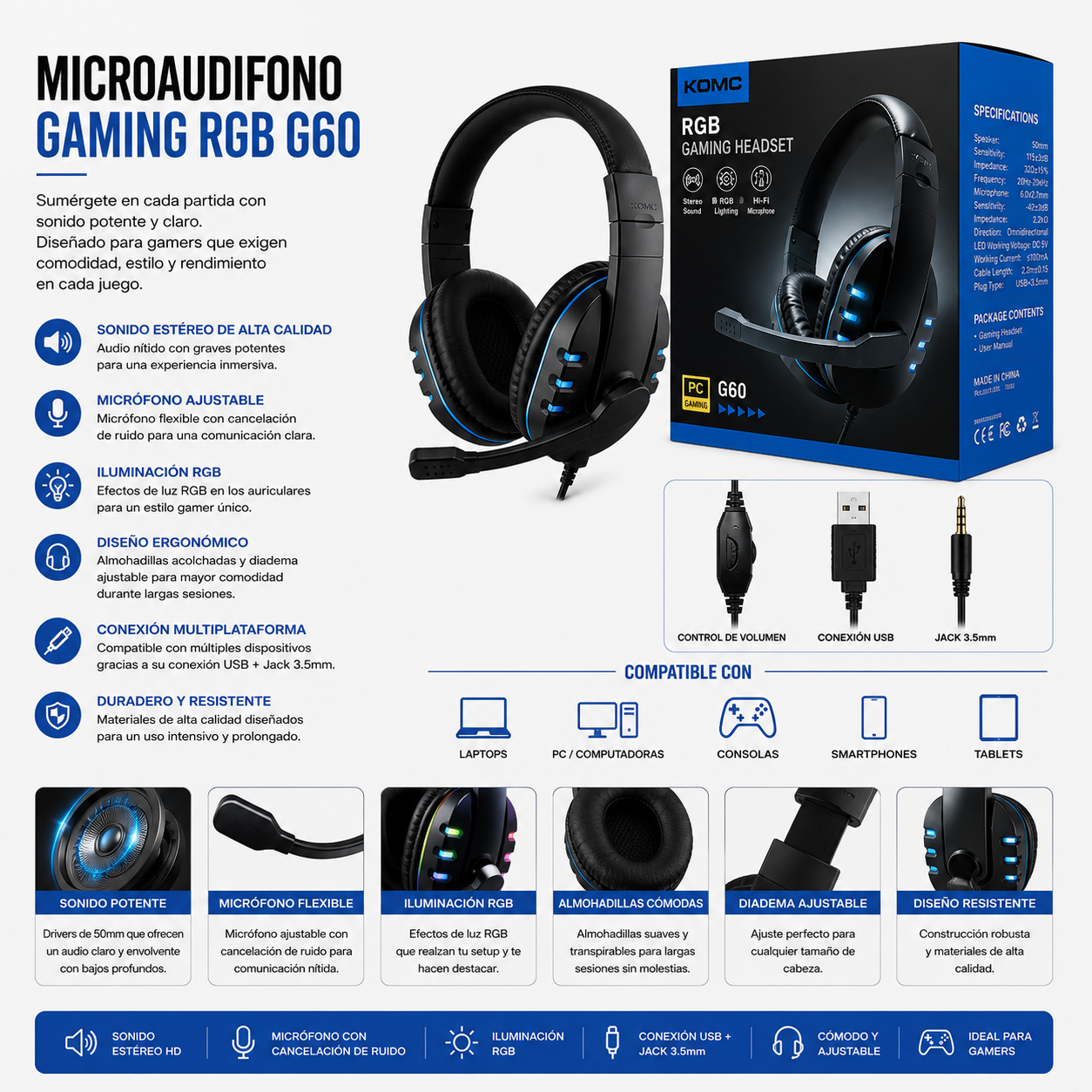Microaudífono Gamer RGB G60 con Micrófono