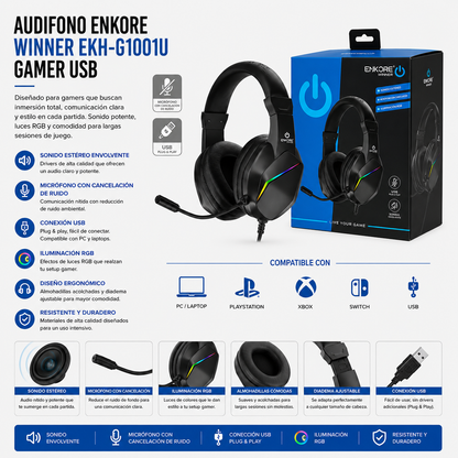Audífono Gamer USB ENKORE Winner EKH-G1001U