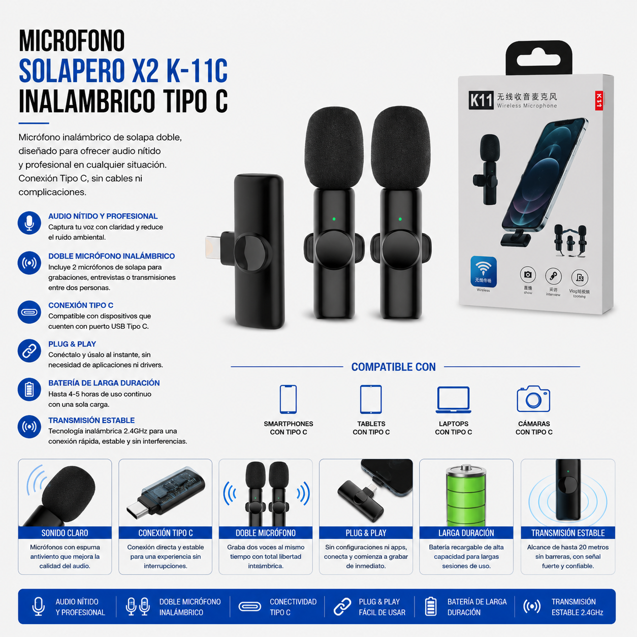 Micrófono Solapero Inalámbrico K2 K-11C USB Tipo-C